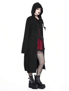 ROMWE Goth 哥特式长款连帽针织斗篷，万圣节 - 黑色 - 查看 2