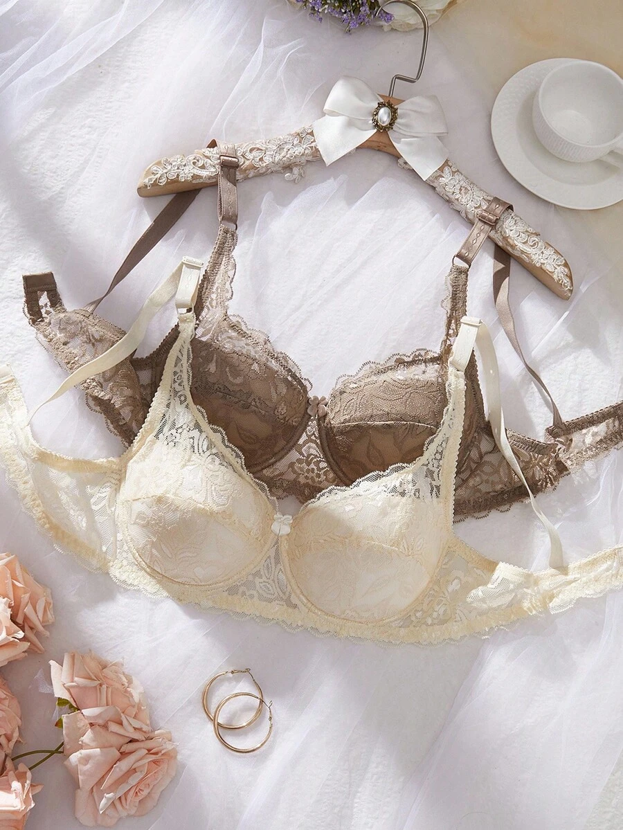 2 件女士性感蕾丝胸罩，简约浪漫内衣 - 彩色 - 查看 1