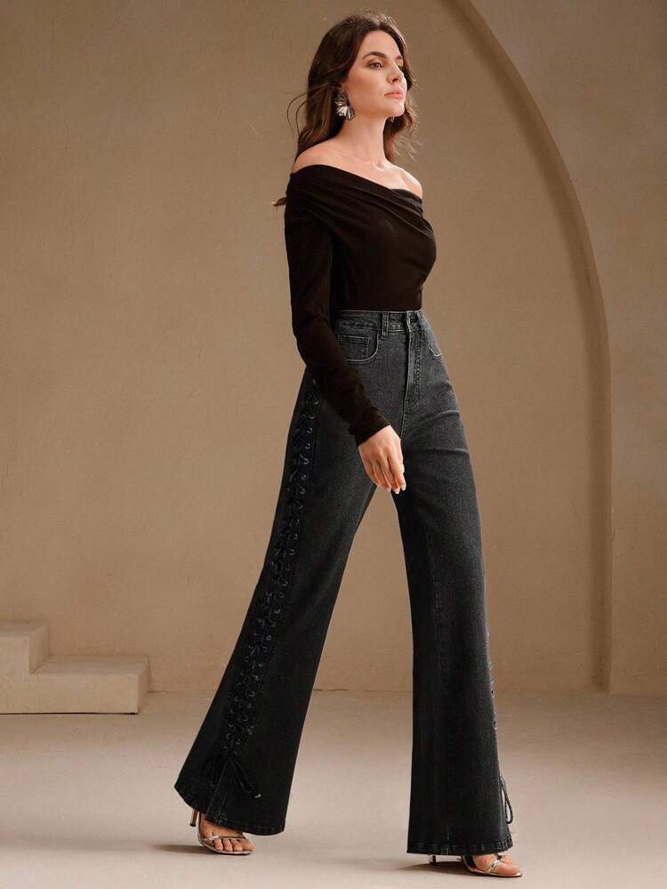 Women's New Fashion Design Side Bone Handmade Rope Black Denim Straight Leg Pants