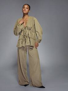 MISSGUIDED 条纹系带前泡泡袖荷叶边上衣和阔腿阔腿裤套装秋冬办公室装商务休闲晚装 - 卡其色 - 查看 5