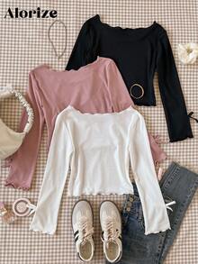 2件/套 少女休闲不对称领百搭T恤，百搭街头风宽松蝴蝶结喇叭袖T恤，秋冬季时尚之选 - 彩色 - 查看 2