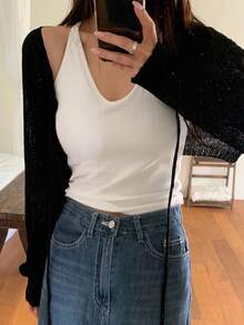 DAZY Hong Kong Style U-Neck Spaghetti Strap Camisole, Fitted Sleeveless Crop Top For Women Going Out Tops - White - View 1