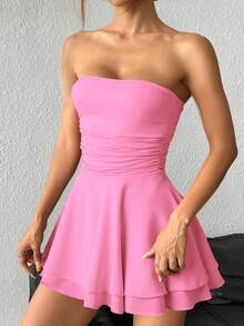 SHEIN PETITE Váy ngắn hở vai gợi cảm họa tiết da báo kèm chân váy xếp nếp nhiều lớp - Màu Hồng  San hô - Xem 5