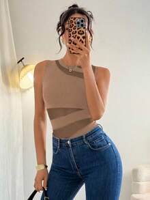 Chiquease Elegant Sexy Fashion Black Round Neck Sleeveless Fitted Asymmetrical Geometric Mesh Patchwork Knitted Bodysuit For Women, Spring/Summer