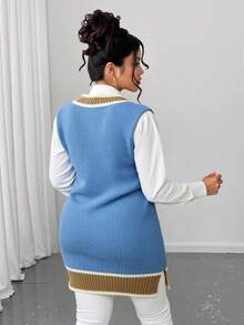 Elenzga Plus 1pc Striped Trim Sweater Vest - Blue - View 2