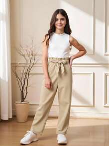 SHEIN Tween Girl Mock Neck Tank Top & Paperbag Waist Trousers - Khaki - View 7