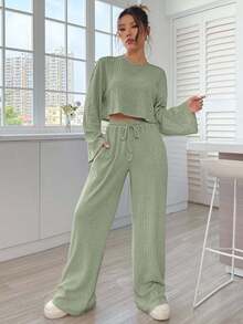EURMUSE 2pcs Women Ribbed Cropped Top And Drawstring Waist Pants Set, Suitable For Spring And Autumn - Mint Green - View 4