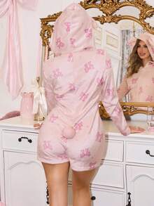 女士可爱蝴蝶结爱心印花连帽拉链抓绒连体衣，舒适蓬松睡衣，秋冬款 - 粉色 - 查看 2