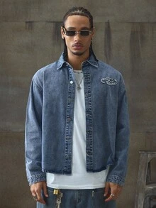 AXEPEAK Men's Washed Patch Craft Stylish Short Denim Jacket, Fall - Blue - View 4