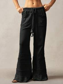 Bohemela Bohemian Style Solid Color High Waist Flare Leg Knit Pants, Spring/Summer,Fall - Black - View 3