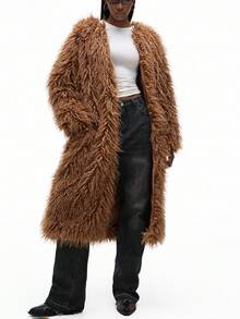 Aveloria Affinna معطف نسائي بياقة مستديرة وأكمام طويلة وأمام مفتوح من الفرو الاصطناعي، للخريف والشتاء