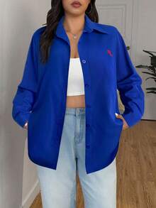 SHEIN EZwear 大码女式纯色蓝色前扣休闲衬衫，时尚百搭，春秋季 - 藏蓝色 - 查看 4