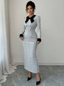 Elenzga 女士优雅秋季长袖提花黑白撞色纹理紧身连衣裙，通勤约会两相宜 - 彩色 - 查看 8