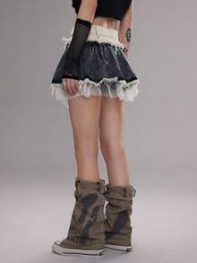 Coolane 女款夏季 Y2K 街头风复古网眼牛仔脏脏拼布裁剪工艺褶皱低腰迷你裙 - 深灰色 - 查看 2