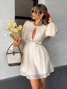 Serisse 女士休闲镂空吊带装饰短款度假连衣裙 - 杏色 - 查看 7