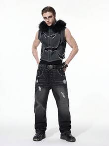 ROMWE MEN Grunge Punk Jeans de pierna ancha con decoración de remaches, estilo casual de calle, con doble cintura para hombres - Negro - Ver 11