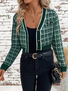 SHEIN Clasi Cárdigan corto ajustado y ligero con ribete de contraste elegante para mujeres, ropa de otoño e invierno