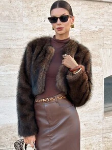 Lavishia Brown Two-Tone Faux Fur Crew Neck Long Sleeve Short Women Faux Fur Jacket, Fashionable Autumn Winter Clothes For Women