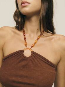 Nöista Ribbed Knit Halter Top With Ring Detail And Bead Strap. Soft Stretch Fabric-Perfect For Summer Festivals Or Laid-Back 4th Of July Plans. - Brown - View 2