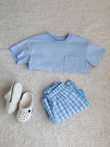 Dazy Kids 2件組小男孩純色針織短袖T恤 + 梭織格紋長褲休閒套裝，春/夏 - 藍色 - 查看 7
