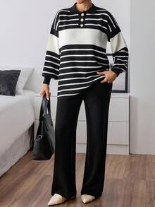 EURMUSE Set de pantaloni și pulover cu guler polo și nasturi în față cu model de dungi pentru femei - Alb-negru - Vizualizare 4