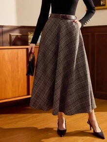 Vintamour 复古优雅女士半身裙，带口袋，格子腰带，休闲度假裙，适合秋季、冬季和圣诞节穿着。 - 棕色 - 查看 3