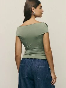 Nöista Asymmetrical Top With Side Tie Detail In Green Color. Perfect Spring Saint John Women's Clothing Elegant Vacay Holidays Summer.   Vacation Luxury Going Out  Wedding  Party    Festival  Holiday  Summer - Green - View 2