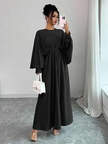 Elenzga 女士优雅简约高端休闲连衣裙，适合办公室、通勤、海滩、音乐节、下午茶、德比、帆船赛，纯色圆领二合一腰部荷叶边褶皱蝙蝠袖 A 字长裙，春夏秋季女士服装 - 黑色 - 查看 6
