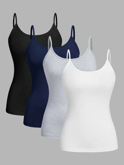 SHEIN EZwear 4pcs Pack Casual Minimalist Camisole Tight Fitting Cami Top For Women, Suitable For Summer Back To School
