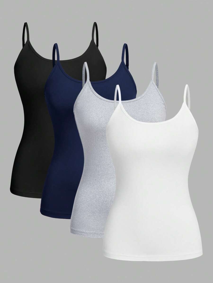 SHEIN EZwear 4 件装休闲简约吊带背心紧身女式吊带背心,适合夏季 - 彩色 - 查看 1