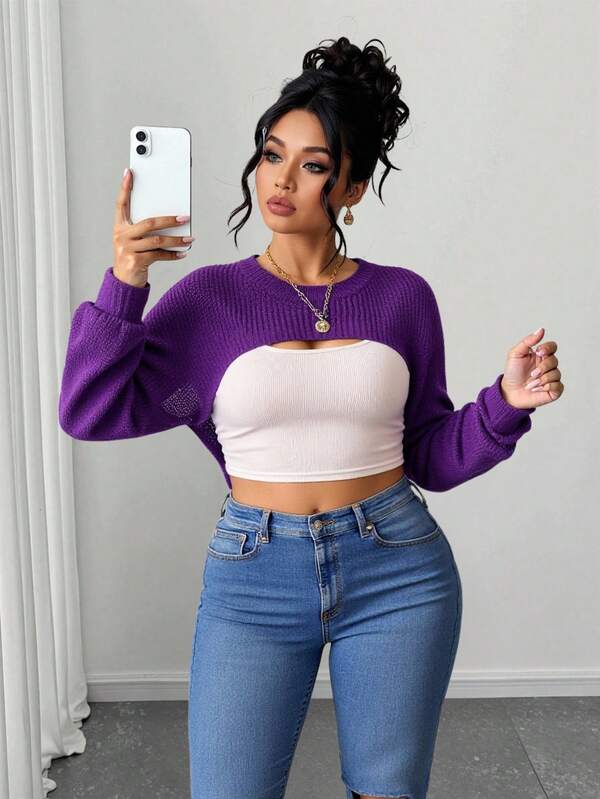 Elenzga Plus Size Solid Color Crew Neck Casual Long Sleeve Drop Back Pullover Sweater Knit Pullover Fall Winter Outfit