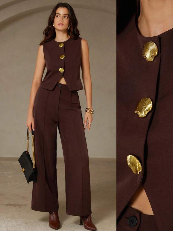 Aveloria Rosie Conjunto de top de chaleco elegante para mujer con decoración de hebilla de metal de concha y pantalones de pierna recta, conjunto de atuendo de fiesta de estilo europeo de lujo