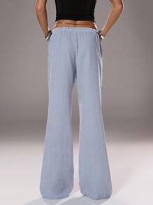 SHEIN Unity 蓝白条纹褶皱纹理低腰抽绳系带斜插袋直筒裤，超柔软舒适的休闲家居服，百搭可爱，适合女性，夏季 - 藏蓝色 - 查看 2