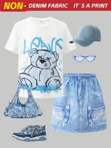 SHEIN Explorewe Set de 2 piezas de ropa para adolescentes: una camiseta de manga corta y cuello redondo con estampados de letras y osos de peluche en estilo callejero, combinada con una falda corta rosa. Conjunto de ropa universitaria y ropa deportiva para la temporada de regreso a clases 2025 - Azul - Ver 1