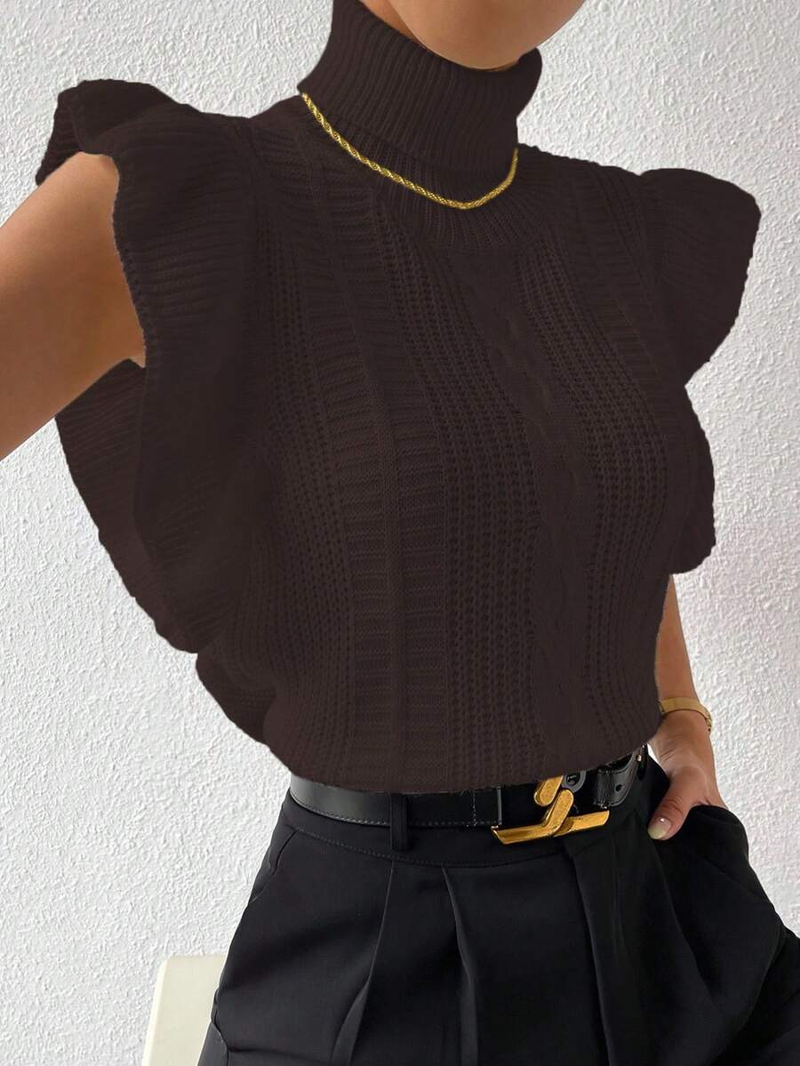 Chiquease Women's Solid Color High Collar Cap Sleeve Knit Casual Pullover Sweater Vest - Coffee Brown - View 1