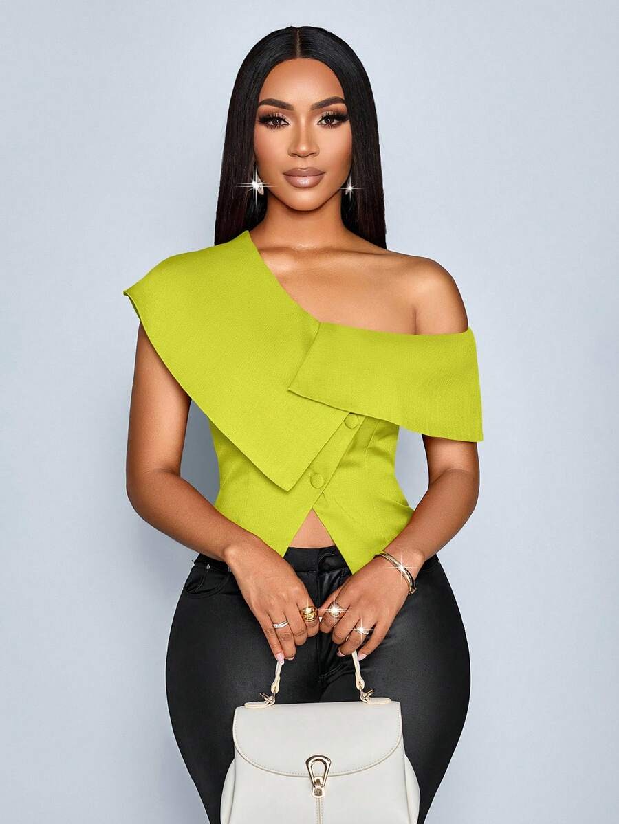 SOLERSUN 女式春夏优雅复古商务休闲露肩不对称单排扣衬衫 - 綠色 - 查看 1