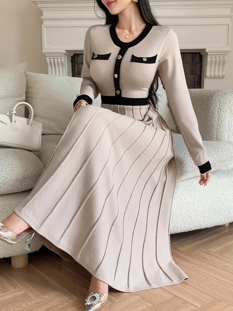 Women's Elegant Color Block Round Neck Sweater Dress, Autumn