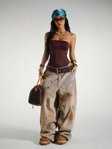 SHEIN PETITE Streetwear 女式百搭无袖紧身衣 - 棕色 - 查看 4