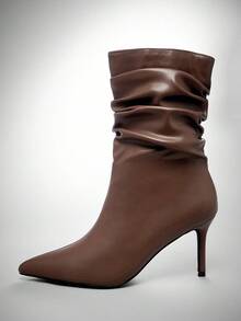 SHUZIA Women's Sexy Point Toe Stiletto Heel PU Mid-Calf Slouchy Boots - Chocolate Brown - View 3