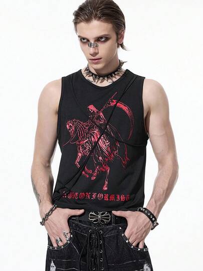Goth Camiseta de tirantes con estampado de calavera oscura de moda para hombres, estilo de Halloween de verano, estilo de los años 2000
