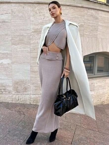 Lavishia 2 Stück/Set Damen einfarbiges ärmelloses Top und gestrickter Rock Pullover Anzug für Herbst/Winter - Khaki - Übersicht 5