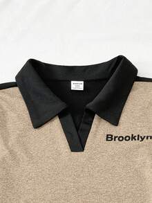 Tween Girls' Casual Vacation Black & Grey Patchwork Knit Polo Collar Short Sleeve Letter Print Midi Dress - Khaki - View 6