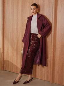 Glisette Manteau long minimaliste élégant à coupe droite de couleur unie à manches longues pour femmes, automne/hiver - Rouge foncé - Voir 4