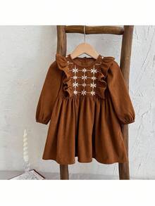 Loomiva Baby Girl Floral Print Ruffle Collar Long Sleeve Cinched Waist Dress, Thickened For Winter - Rust Brown - View 4
