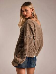 Avantive Mocha Brown Off The Shoulder Rhinestone Sweater For Women,Elegant Autumn Knitwear For Night Out,Y2K Western Style Boho Vintage Clubwear Top - Brown - View 2