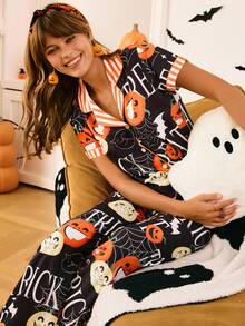 Chillnights Halloween Pumpkin & Bat Print Lapel Collar Sleepwear Set For Women Halloween Pajamas Women Fall Pajamas Women Cute Pajama Set For Women Halloween Pajama Set Women Women Halloween Pajamas - Multicolor - View 3