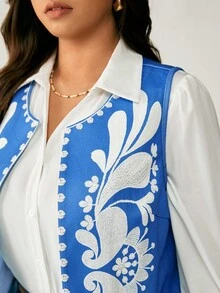 EMERY ROSE Plus Size Casual Textured Fabric Printed Jacket - Blue - View 7