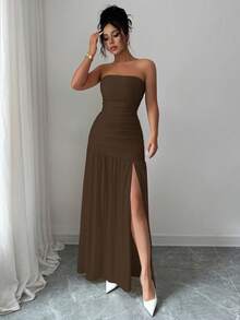 Elenzga Fashionable New Solid Color Glossy Fabric Strapless Long Flowy Ruched Waist Slit Hem Dress, Suitable For Weddings, Graduation Parties, Dates, Vacations