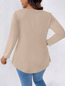 EMERY ROSE Plus Size Solid V-Neck Long Sleeve Casual T-Shirt For Spring - Khaki - View 2