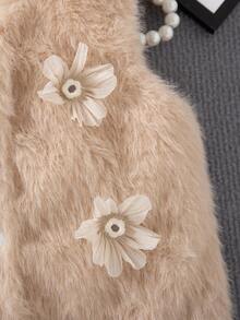 SHEIN Chaleco sin mangas con forro térmico, decorado con flores y moños, para niñas, otoño/invierno